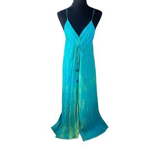Gypsy05 XS blue green100% silk hand tie dyed empire waist boho maxi dress beach